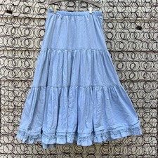 Vintage 70s Handmade Denim Chambray Tiered Ruffle Lace Maxi Prairie Skirt Boho