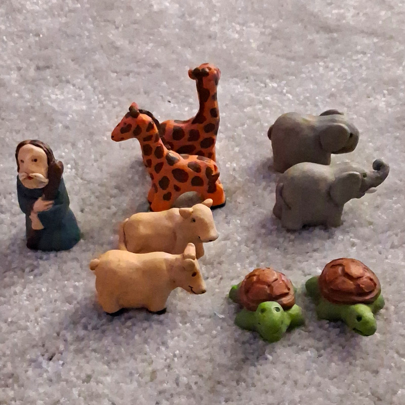 9pc Miniature Painted Polymer Animal Figurines w/ Mary Giraffe Elephant Turtle