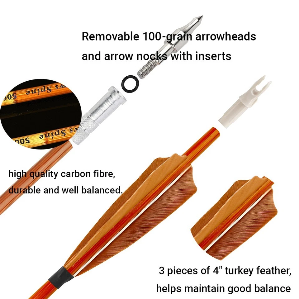 30" Archery Carbon Arrows SP500 Feathers Bamboo Skin Bow Hunting Target Shooting - Image 2 of 4