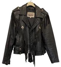 Vintage Open Road Leather Fringe Motorcycle Jacket 1991 Black Size 38