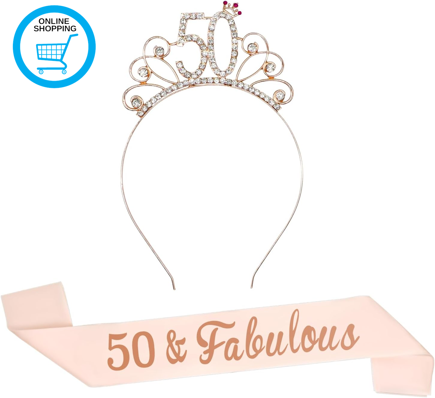 50Th Birthday Sash & Crown Set for Women, Rose Gold Rhinestone Headband Tiara Gl