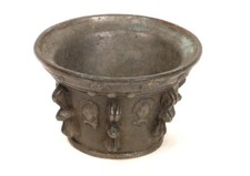 Apothecary Mortar In Bronze Or Brass, With Decor Of Characters And Rosette