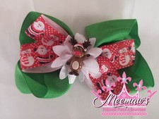BIG Boutique Style Red, Green, White REINDEER Christmas Holiday Hair Bow       