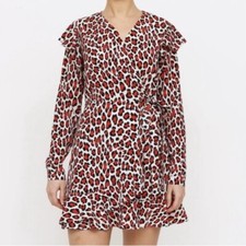 Robert Rodriguez Lena Wrap Leopard Dress White Black Red Long Sleeve Tie Ruffle