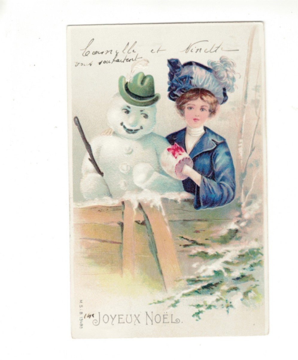 Postcard Snowman & Glamor woman Embossed Lithio Xmas Greetz