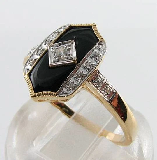9K 9CT GOLD ONYX DIAMOND ART DECO INS RARE CUT RING FREE RESIZE. - Image 3 of 4