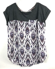 Women's Jolt Gray White Purple Geometric Pocket Round Neck Short Cap Sleeve Sz M