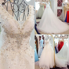 Bridal Gown Custom Made V-neck Lace Crystal Beaded Luxury Long Wedding Dresses