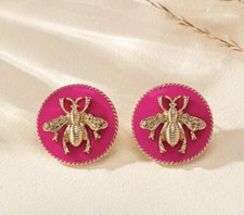 Small Pink Gold Bumble Bee Enamel Circle Stud Post Earrings