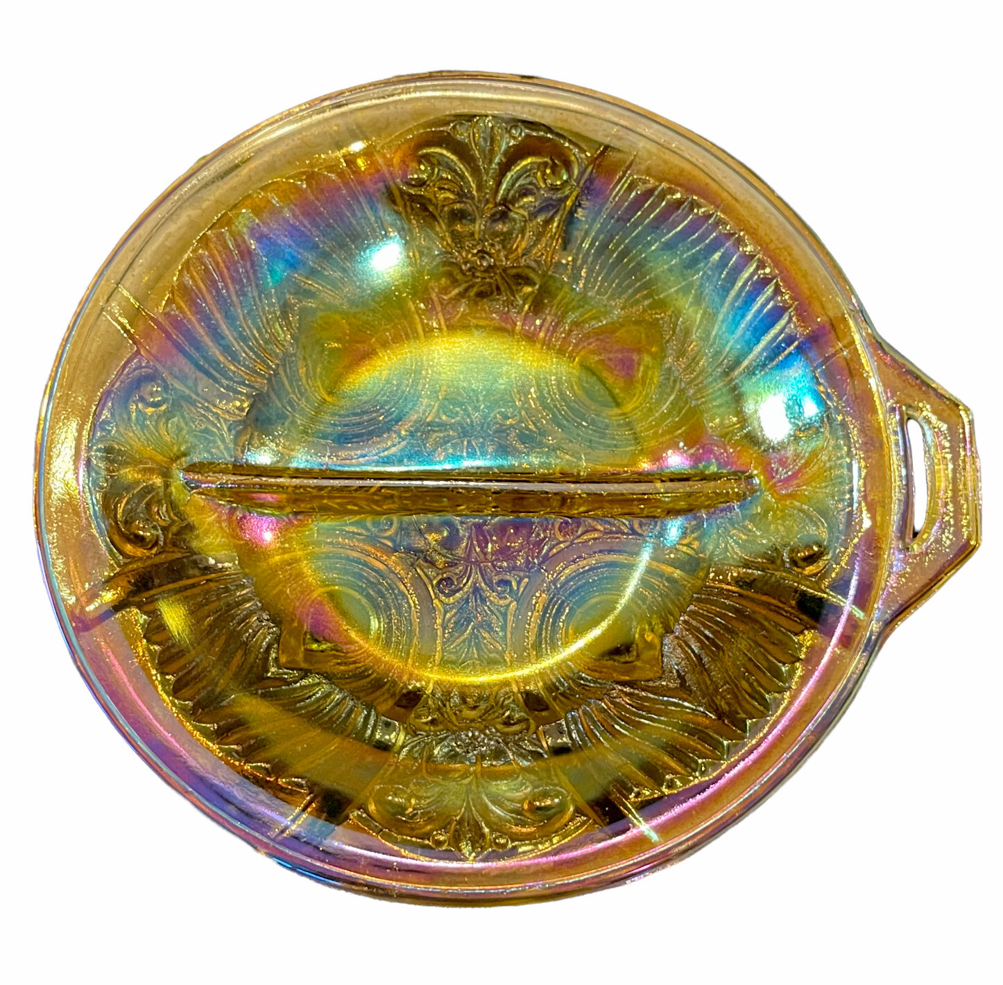 Vintage Carnival Glass Marigold Divided Candy Nut Bowl Indiana Depression Era  