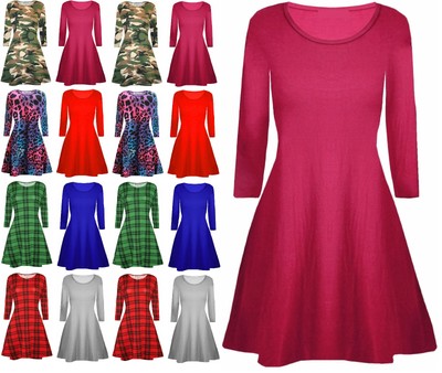 Ladies Women(Long)Sleeve Swing dress skater Party Top Dress Tunic Print t-shirt