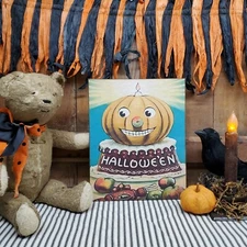 ADORABLE RETRO OLD PRIMITIVE VINTAGE FOLK ART STYLE HALLOWEEN PUMPKIN CAKE  SIGN