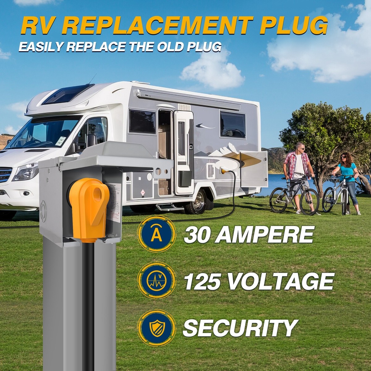 30A 125V Heavy-Duty RV Male Plug – Replacement Electrical Adapter With Ergonomic Grip Handle, ABS Housing, For Caravans, Trailers, 5th Wheels & Motorhomes – Easy Install