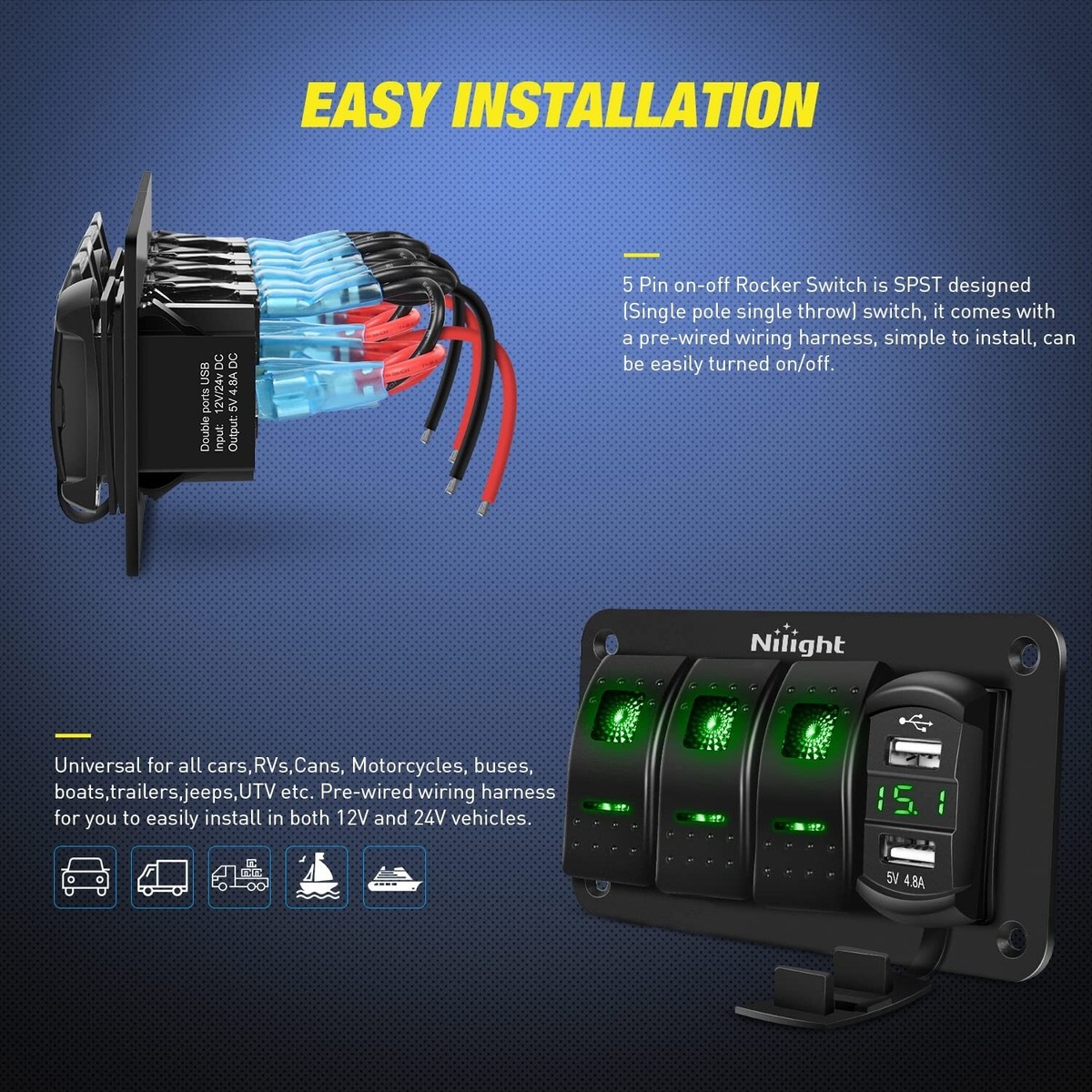 Car Switch Panel Nilight 3-Gang Switch Panel With USB Charger ...