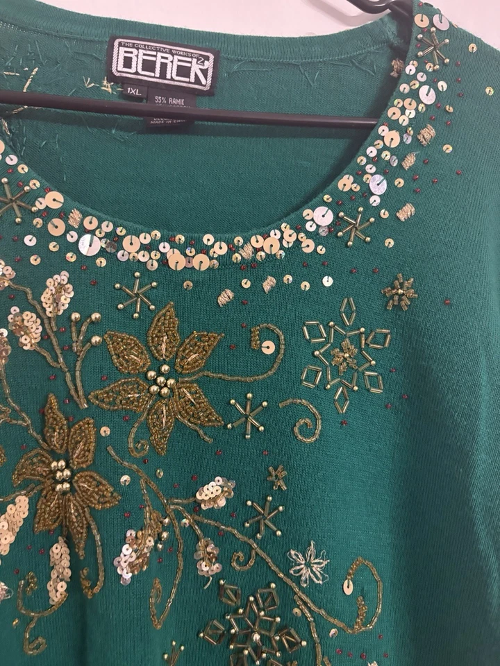 Suéter Berek 1x Mujer Vintage Cuentas Reno Tejido Vacaciones Navidad Flores de Pascua Foto 3 de 4