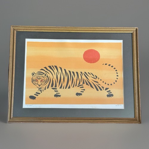 Ancienne lithographie tigre Keith Llewellyn De Carlo art print signée milieu du siècle - Photo 2/9