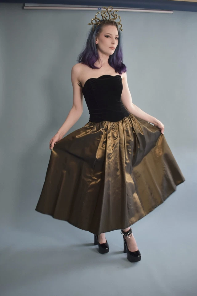 Vintage Laura Ashley Gown1980s Black Velvet and Gold Taffeta Dress 26" Waist - Image 2 of 4