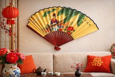 Chinese Vintage 1950s Hand-Painted Wall Decoration Folding Fan, 31x20  