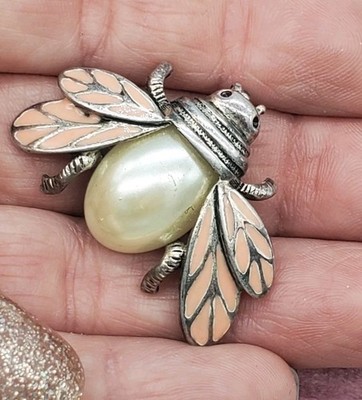 Jelly Belly Cicada Bee Faux Pearl Enamel Brooch Pin Gold Tone Estate 1.5''  