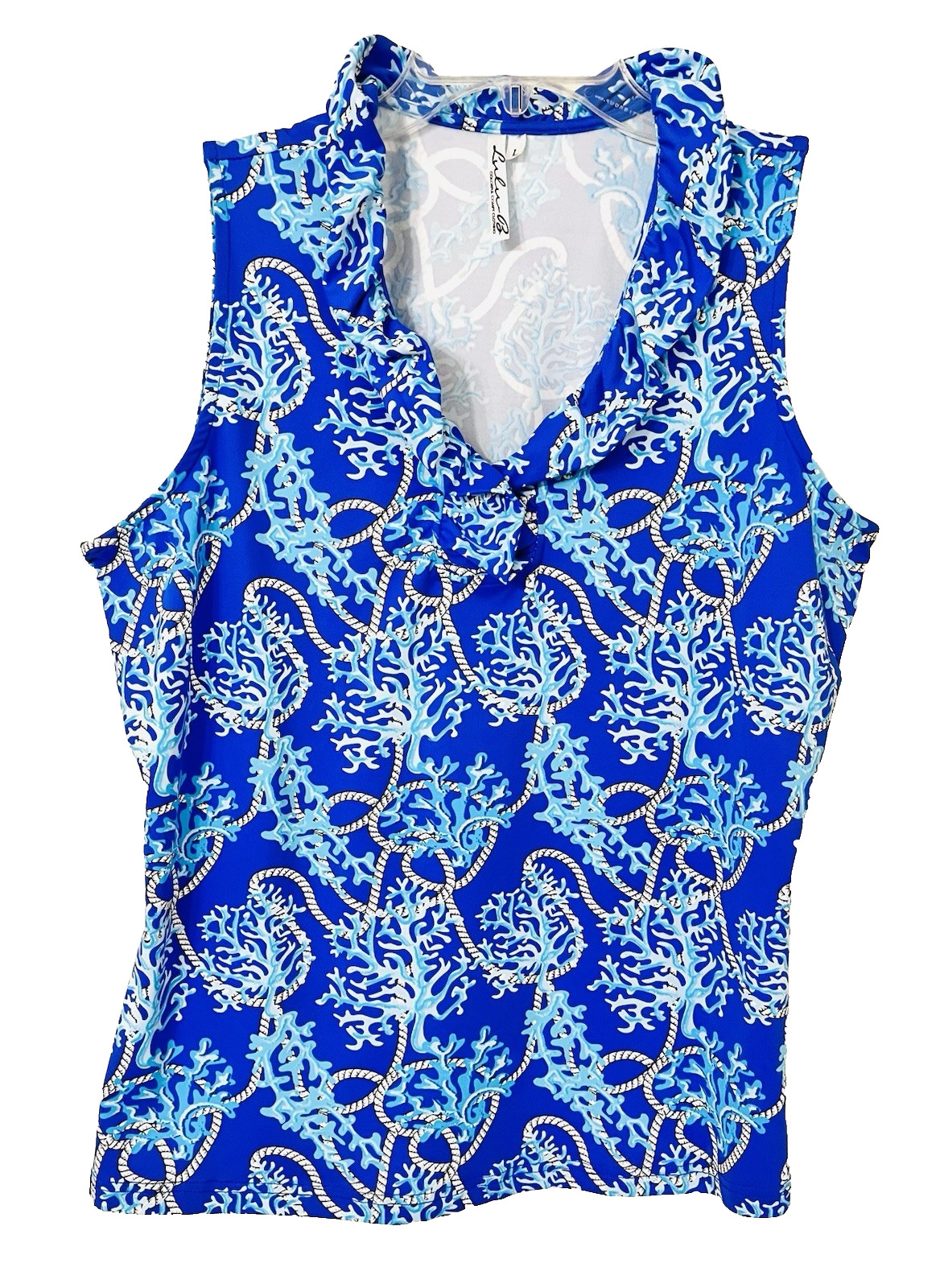 Lulu B Large Ruffled Tank Top Blue Nautical Print Sleeveless V-Neck Coastal