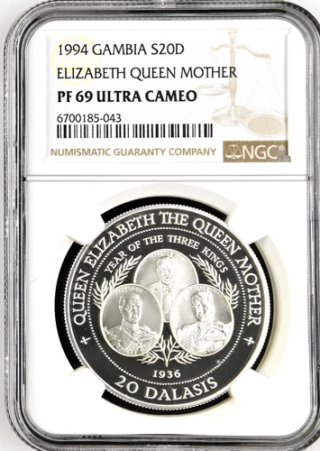 1994 Gambia 20 Dalasis Elizabeth Queen Mother Three Kings Silver NGC PF69 UC
