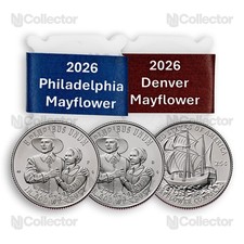 2026 P/D Mayflower Quarter America 250 Unc - Juego de 2 rollos (80 monedas)