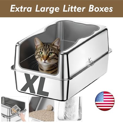 XL Stainless Steel Cat Litter Box with Lid Extra Large Litter Pan with High Side