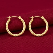 10K Real Solid Gold Hand Engraved Full Diamond-Cut Round Hoop Earrings All Sizes