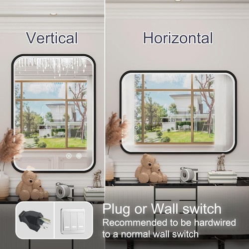20x28" Black LED Bathroom Mirror Dimmable Lighted Vanity Anti-Fog Wall Mount - Picture 4 of 9