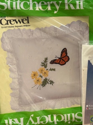 TWO matching crewel pillow kits. Butterflies and wildflowers.