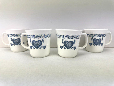 Corning Corelle Blue Sponge Hearts Coffee Cups Mugs Set of 4