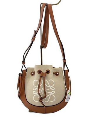 LOEWE  Anagram Horseshoe Shoulder Drawstring Bag Canvas Leather Brown Beige