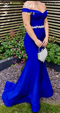 Gino Cerruti XS Blue Off-Shoulder Satin Prom Dress with Embellished Waist