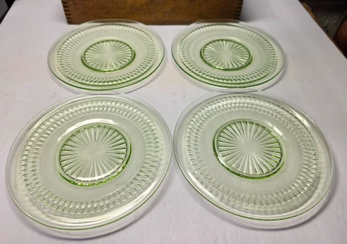 VINTAGE URANIUM GLASS GREEN DEPRESSION PLATES ROULETTE MANY WINDOWS PATTERN