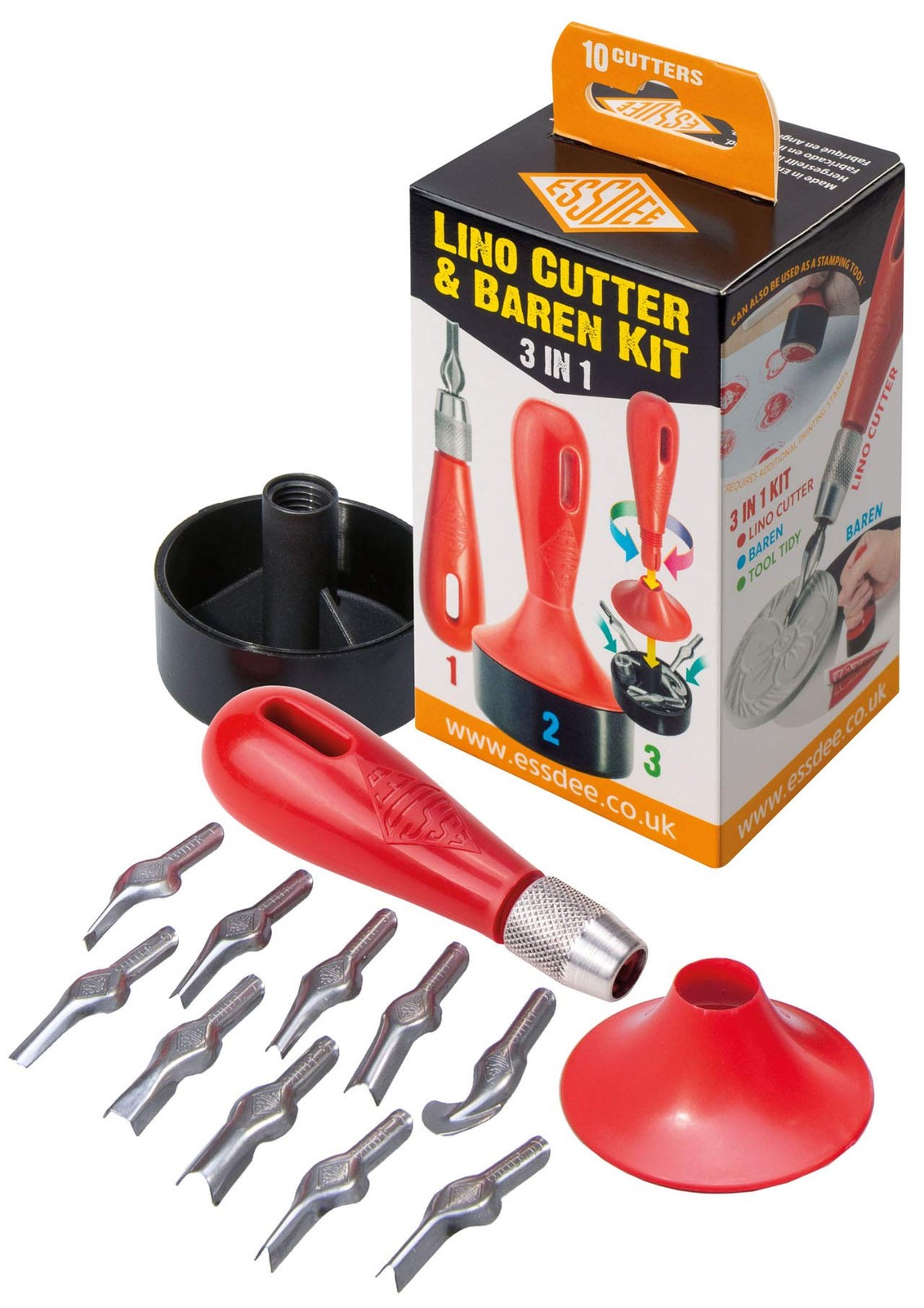 ESSDEE 3 in 1 Lino Cutter and Baren Kit (10 Cutters 13.7 x 6.5 x 6 cm, Red