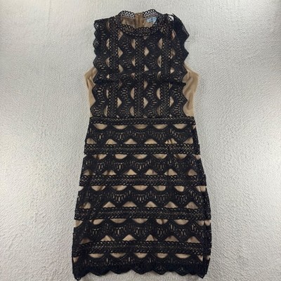 She + Sky Lace Sheath Dress Women S Black Tan Crochet High Neck Chic Elegant
