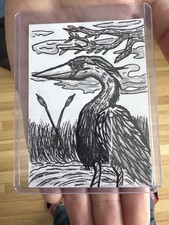ACEO Original Art Card – Hand Drawn Heron Illustration - Ink - 2.5” x 3.5”