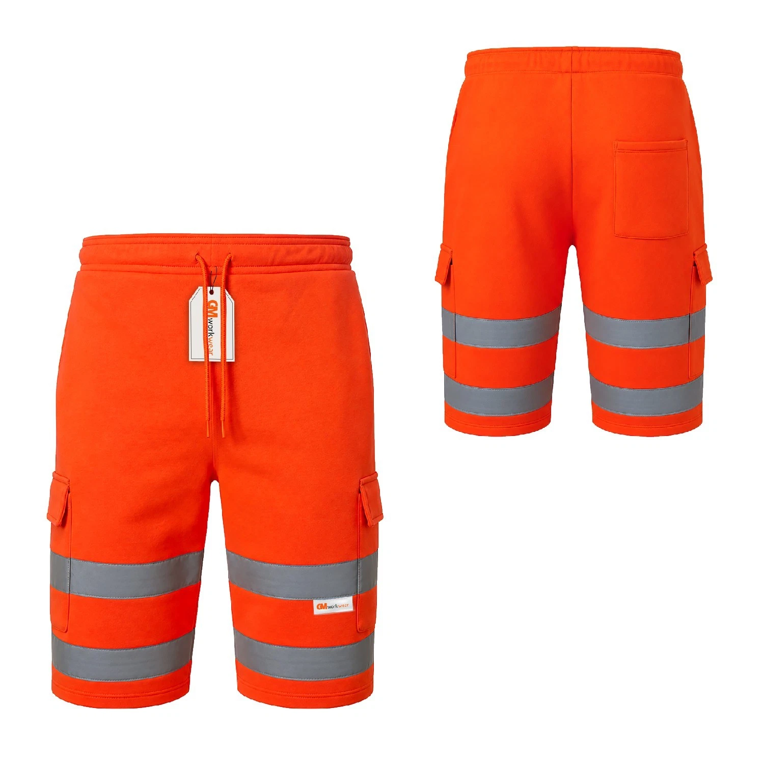 Solid orange reflective cargo shorts front and back