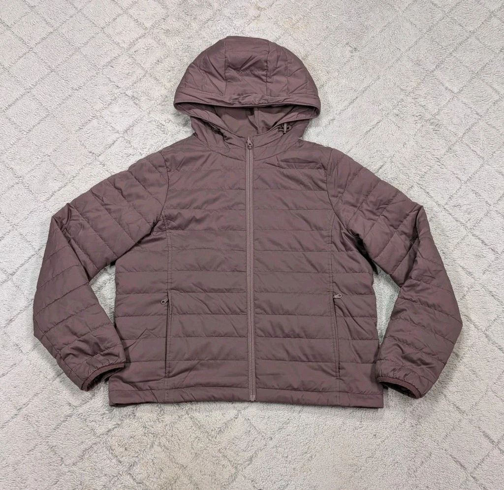 Girlfriend Collective Jacket Mens L Purple Mauve Hooded Puffer Quilted Packable
