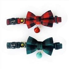 2 Pack Cat Collar with Bell and Removable Bow Tie, 20-30cm Check Green Red