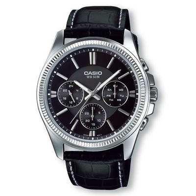 CASIO MTP1375L-1A Classic Black Leather Band Analog Watch, Black Dial