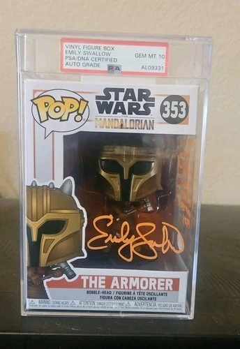 Emily Swallow Signed/Insc Mandalorian The Armorer Funko Pop PSA Encased 9 Auto