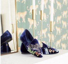 Birdies Women's Blue Velvet Embroidered Zebra Slip-On Loafer Flats US 9.5 NWT 