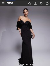 ASOS DESIGN Black Satin Ruched Off-Shoulder Sweetheart Gown 3/4 Sleeve 4
