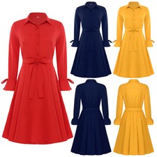 Women Dress+Belt Knee Length Custume Long Ruffled Sleeve Set Lapel Party Soft