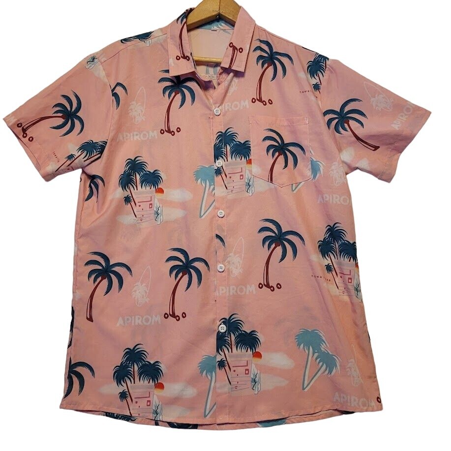 Shein Hawaiian Pink Aloha Shirt Palm Trees Short Sleeve
