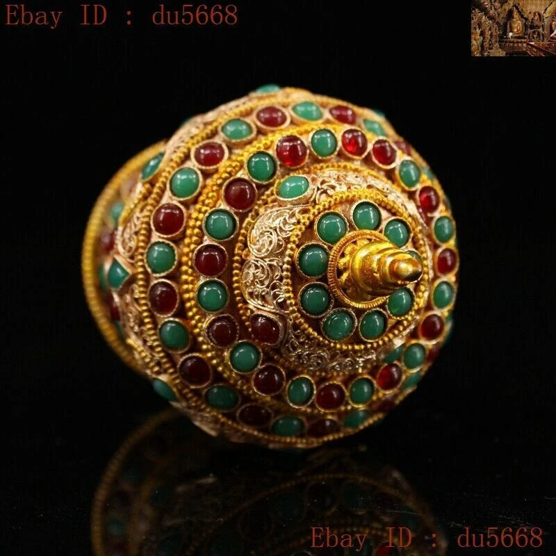 5" plata tibetana incrustación dorada gema reliquias de Buda hueso budista reliquia tanque olla frasco Foto 3 de 4