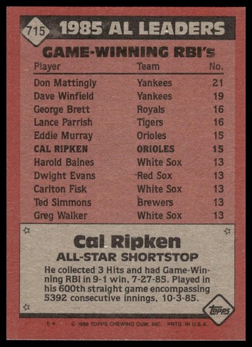 1986 Topps #715 Cal Ripken Baltimore Orioles Baseball - Picture 2 of 2