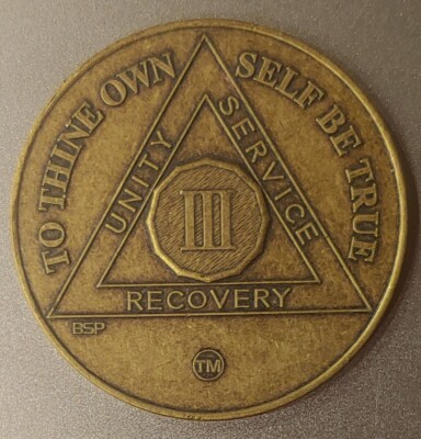 3 Year Alcoholics Anonymous AA Bronze Medallion Coin Sobriety Chip Three