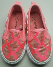 Cat and Jack Girl's Orange with Gold Flowers Slip on Sneakers Size Toddler 5